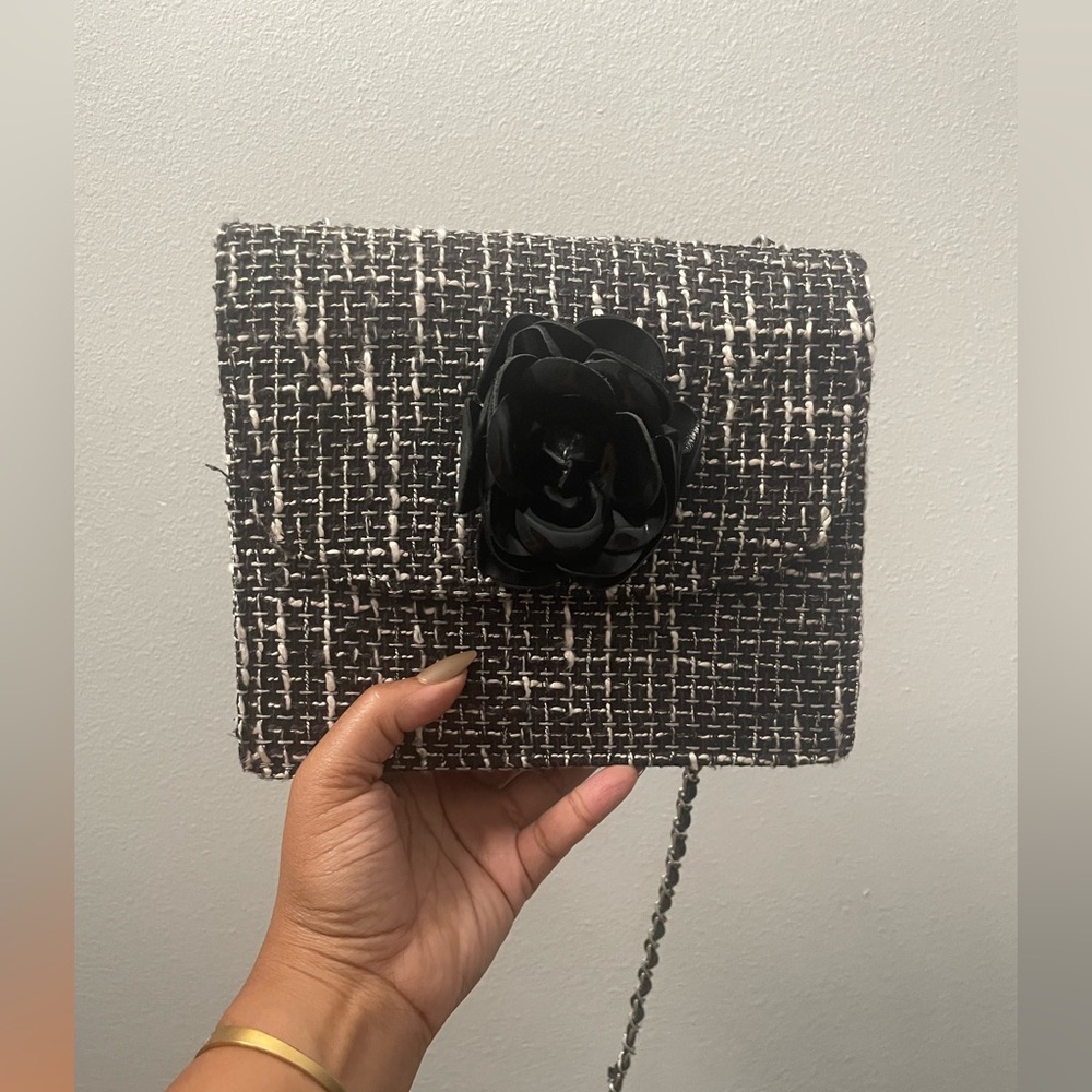 Camellia Black Tweed Clutch with Floral Accent